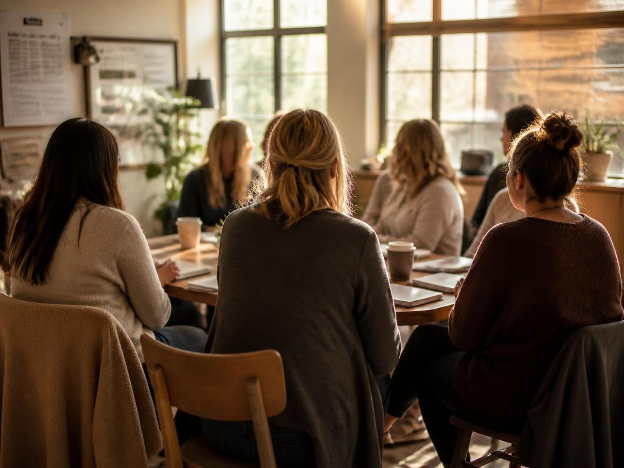A group of adults talking around a table with notebooks in a sunlit community room
