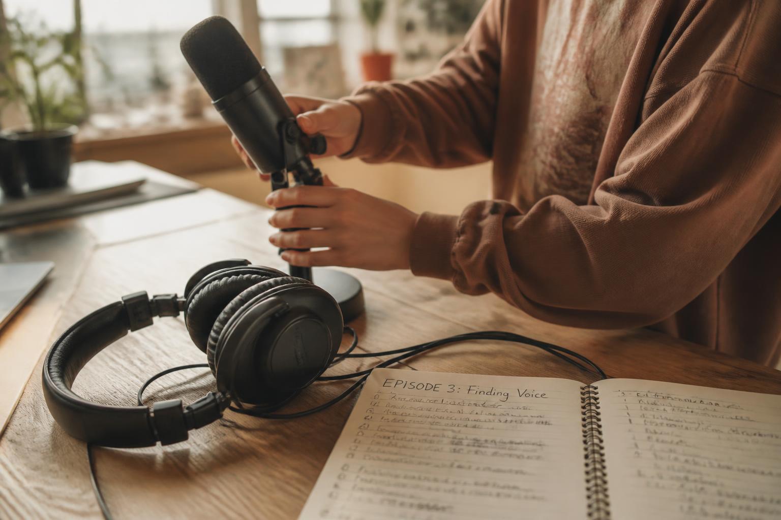 A young person setting up a podcast microphone beside a handwritten episode plan