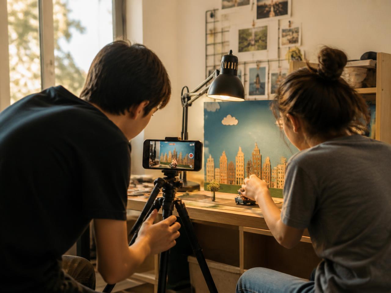 Two young people filming a small stop-motion set with a phone on a tripod